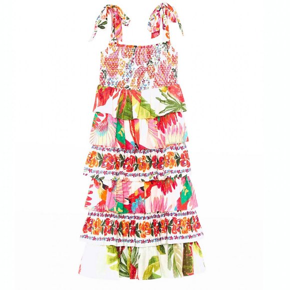 🥭 FARM Rio Mixed White Prints Layered Midi Dress - Picture 2 of 11